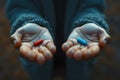 A person holds two pills, one red and one blue, in their hand Royalty Free Stock Photo