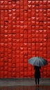 A person holding an umbrella in front of a red wall. Generative AI image. Royalty Free Stock Photo