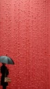 A person holding an umbrella in front of a red wall. Generative AI image. Royalty Free Stock Photo