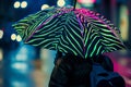 person holding umbrella with neon zebra pattern