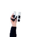 Person holding up binocular isolated on a white background Royalty Free Stock Photo