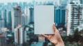 A person holding up a blank white card in front of cityscape, AI Royalty Free Stock Photo