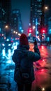 Person holding up a mobile phone displaying NO SIGNAL message on a city street at night, illustrating connectivity issues and Royalty Free Stock Photo