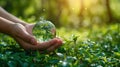 A person holding a water droplet in their hands on top of green grass, AI