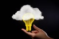 Person holding a yellow light bulb with cloud sketches AI generated