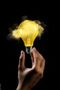 Person holding a yellow light bulb with cloud sketches AI generated Royalty Free Stock Photo