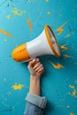 A person holding a yellow and white megaphone in a minimalist collage Royalty Free Stock Photo