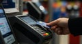 A person holds a blue credit card over a POS terminal for payment