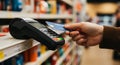 A person holds a credit card near a POS terminal in a retail setting