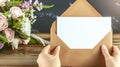 A person holds an envelope with a blank card, flowers on the table, a heartwarming mockup for Mother's Day or a