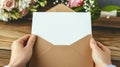 A person holds an envelope with a blank card, flowers on the table, a heartwarming mockup for Mother's Day or a