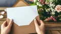 A person holds an envelope with a blank card, flowers on the table, a heartwarming mockup for Mother's Day or a