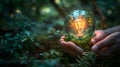 person holds a glass ball in the forest