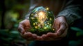 person holds a glass ball in the forest, in the style of reimagined by industrial light and magic Royalty Free Stock Photo