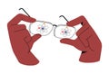 Person holds glasses for vision in hands. People discover, explore future technology. Science research. Character