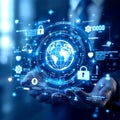 A person holding a globe surrounded by digital icons and binary code in a futuristic style Royalty Free Stock Photo