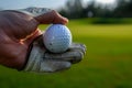 A person holds a golf ball firmly in their hand, ready for a swing, Hand holding a golf ball with glove, AI Generated Royalty Free Stock Photo