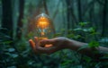 Person holds a light bulb in forest among trees and grass, emitting green heat Royalty Free Stock Photo