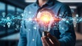 Glowing Brain in Lightbulb with Digital Network Royalty Free Stock Photo