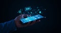 A person holds a smartphone displaying a digital interface, suggestive of a P2P