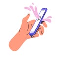 Person holds smartphone in hand, search info in browser app. User press magnifier icon on screen to research information