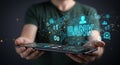 A person holds a smartphone projecting a digital display. Blue holographic