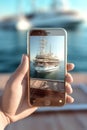 Person holds smartphone up to take photo of large ship