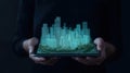 Person holds tablet displaying futuristic smart city model. Interactive city design with intelligent buildings shown on tech