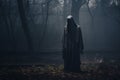 a person in a hooded robe standing in the middle of a dark forest Royalty Free Stock Photo