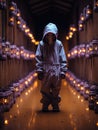 A person in a hooded suit standing in a hallway, AI