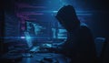 Person in hooded sweatshirt types on laptop in dark room surrounded by multiple computer screens displaying glowing purple code Royalty Free Stock Photo