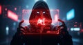 Hacker in hoodie displaying AI interface with glowing red circuits artificial intelligence Royalty Free Stock Photo