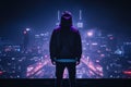 Person in Hoodie Standing in Front of Futuristic Neon Cityscape at Night, Cyberpunk Digital Art