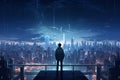 Person in Hoodie Standing in Front of Futuristic Neon Cityscape at Night, Cyberpunk Digital Art