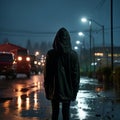 a person in a hoodie standing on a wet street at night