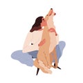 Person hugging dog with love. Pet owner and canine animal. Happy woman and affectionate doggy friend, companion