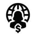 Person icon with globe dollar sign currency money symbol vector with female profile avatar for a business network Royalty Free Stock Photo