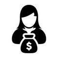 Dollar Money Bag Icon Vector With Female Person Profile Avatar Symbol for Banking and Finance in Glyph Pictogram illustration