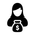 Dollar Money Bag Icon Vector With Female Person Profile Avatar Symbol for Banking and Finance in Glyph Pictogram illustration