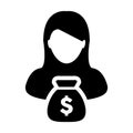 Dollar Money Bag Icon Vector With Female Person Profile Avatar Symbol for Banking and Finance in Glyph Pictogram illustration