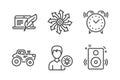Person idea, Copyright laptop and Versatile icons set. Tractor, Alarm clock and Speakers signs. Vector
