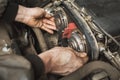 A person independently changes the timing belt in a passenger car Royalty Free Stock Photo