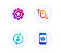 Person info, Settings gear and Scroll down icons set. Smartphone buying sign. Vector