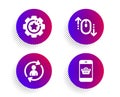 Person info, Settings gear and Scroll down icons set. Smartphone buying sign. Vector