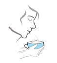 A person inhales the aroma of coffee. vector illustration