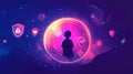 Person inside a glowing bubble surrounded by floating secure technology icons. Cyber security concept. By generative Ai