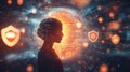 Person inside a glowing bubble surrounded by floating secure technology icons. Cyber security concept. By generative Ai