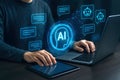 Person Interacting with AI Chatbot Interface on Tablet and Laptop artificial intelligence technology Royalty Free Stock Photo