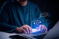 Person interacting with AI chatbot on a laptop, symbolizing advanced digital assistance and customer support. Perfect for