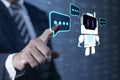 Person interacting with AI chatbot, which is smart robot conversation. Using the command prompt to generate idea something or Royalty Free Stock Photo